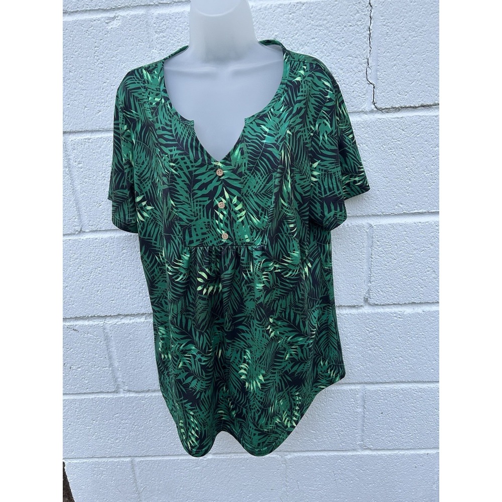 Womens 2XL Tropical Palm Leaf Print V-Neck Short Sleeve Blouse Green Black